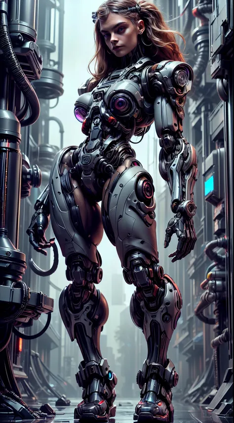 (1 girl), (beautiful cyborg queen looking at camera:1.25), (cara delevingne:1.25), (robotic mechanical physique:1.25), (full body pose:1.25), (covered in cables and mechanical muscles:1.25), (android muscular anatomy:1.25), (perfect fingers:1.25),(8k, RAW ...