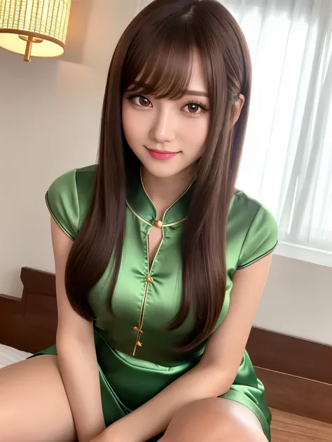 product quality, 1girl, full body shot, front view, a Japanese young pretty girl, long bob hair, sitting with a big smile on a silk bed in a luxury hotel room, glamorous figure, wearing short sleeves shiny satin green cheongsam with many flower pattern emb...