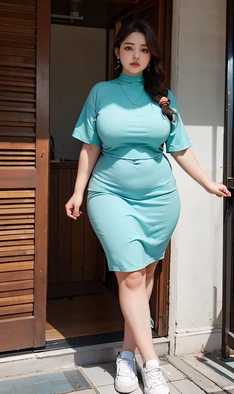 Chubby woman with fat belly and tight thighs, full body, 50-year-old mature woman, thick hips, thick neck, thick chest, big eyes,  seductive , wearing muslimah dress and sneakers 