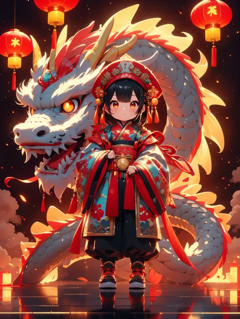 (whole body:1.5)，1 super cute girl，wearing a plush chinese dragon hat，chinese year of the dragon，big eyes，gold coin decoration，p...