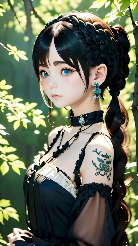 hair ornaments、earrings、tattoo、goth_punk, 1 girl, alone,、highest quality, realistic, Super delicate illustration, Beautiful charming anime girl, miku hatsune, slender body, tied hair, one girl, a photo of girl, full body shot, beautiful blue eyes, looked b...