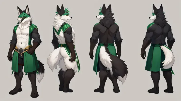 male furry fluffy anthropomorphic fox reference sheet, full body , detailed features like expressive eyes, bushy tail, sharp tee...