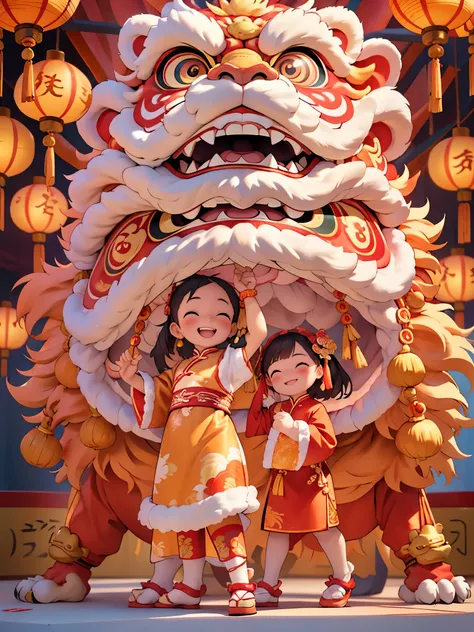 The picture shows a wonderful Chinese lion dance performance。The stage set faces the traditional courtyard，Big red lanterns hung high。center of picture，The majestic lion dance is ready。it is tall and powerful，Covered in red fur，The body is decorated with r...