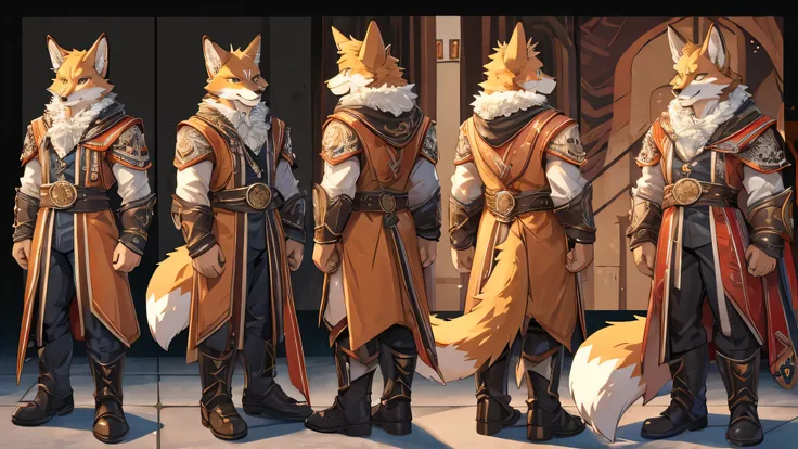 male furry fluffy anthropomorphic fox reference sheet, full body , detailed features like expressive eyes, bushy tail, sharp teeth, realistic fur texture, medium: digital illustration, front view and back view, high-resolution, professional quality, intric...