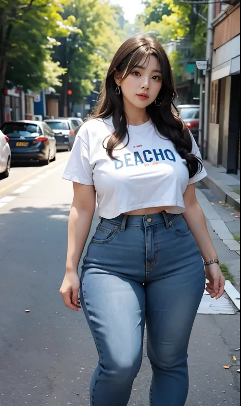 Chubby woman with fat belly and tight thighs, full body, 50-year-old mature woman, thick hips, thick neck, thick chest, big eyes,  seductive , wearing t-shirts and thight pants 