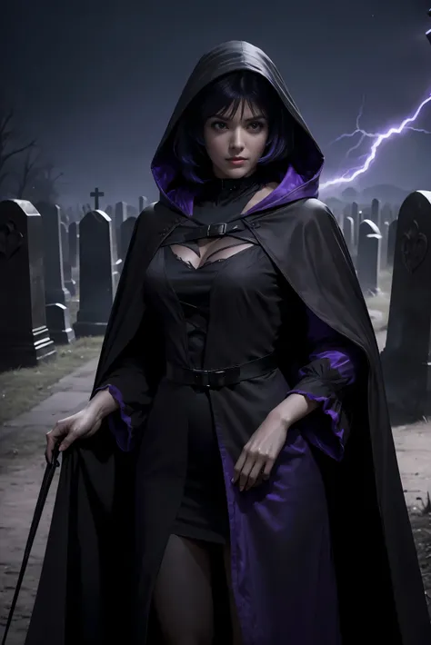 (Best Quality, (High resolution:1.2), Ultra-detailed, Realistic portrait, female necromancer, long black cloak, beautiful face, dark background, cemetery, depth of field, short black and purple hair, night time, full body