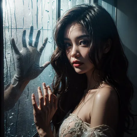 Create photo of a beautiful Indonesian woman, inside the room, from outside, windows glass, fog, hand print, raindrops, midnight, room, dramatic moon light, lowkey, realistic photography