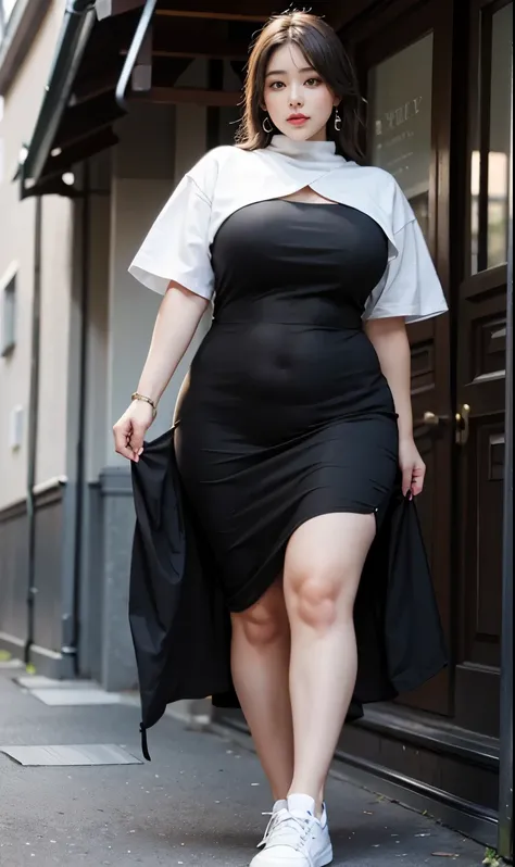 Chubby woman with fat belly and tight thighs, full body, 50-year-old mature woman, thick hips, thick neck, thick chest, big eyes,  seductive , wearing muslimah dress and sneakers 