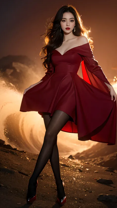 best quality,masterpiece,ultra high resolution,(actual:1.4),original photo,ultra high definition，8K，there is a woman，fair skin，Exquisite makeup，red lip big wave，red dress，Black pantyhose，black high heels，long legs，Bright and beautiful