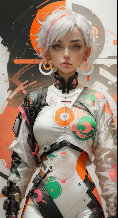 orange, pink, white, green, (white hair woman),tattoos, (techwear clothes:1.1),abstract lines and circles background