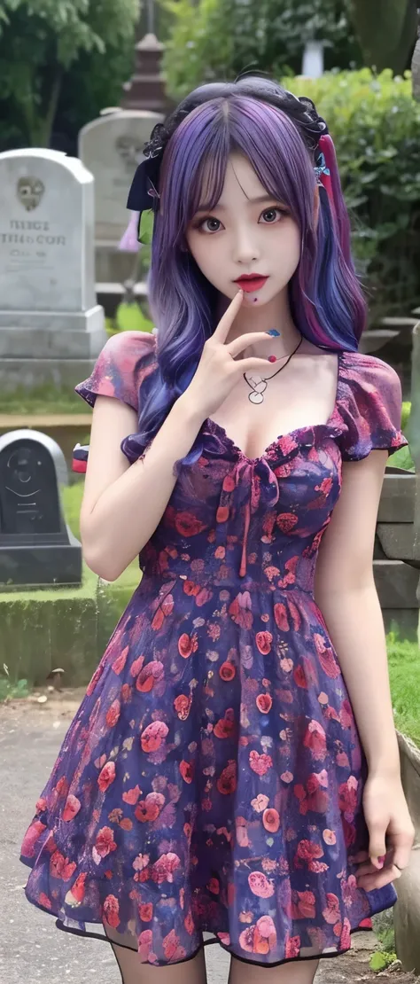 undead female idol、whole body、good style、colorful hair、、、、、zombie mini dress、fluffy graveyard