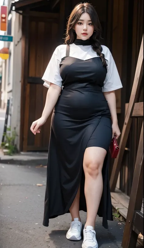 Chubby woman with fat belly and tight thighs, full body, 50-year-old mature woman, thick hips, thick neck, thick chest, big eyes,  seductive , wearing muslimah dress and sneakers 