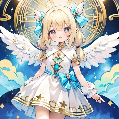 (PastelColors:1.3)、(Cute illustration:1.3)、(watercolor paiting:1.1)、highest quality, masterpiece, surreal, High resolution, very detailed, 8K, (one girl:1.3), cute, anime, clear white skin,,gold angel, twin tails, blonde hair, golden eyes, dress, happy smi...