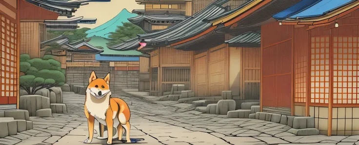 A Shiba Inu in a Japanese street, author：Shimizu Yuko, Katsushika Hokusai style, inspired author：Shimizu Yuko