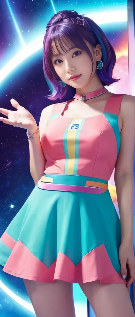 galactic female idol、whole body、good style、colorful hair、、、、、UFO 、rocket mini dress、