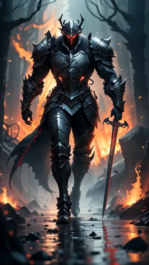 knight in full plated black deadric knight striding through a lake of lava, black light mixed with red,with black mist black gre...