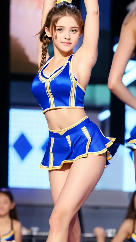 Realistic, 1 short and ideal girl, With twin braided silver  blue hair, With golden eyes.  With small breasts and slender thighs, Wearing skimpy cheerleader outfits