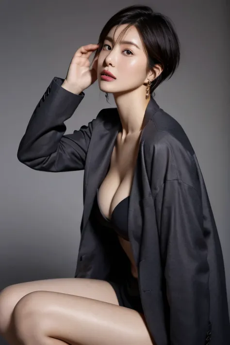 (highest quality,8K,masterpiece),studio photography,
Very beautiful Japan models,fine skin,realistic skin, lip gloss,rouge,
very short hair,pixie cut,
big earrings,Completely naked,Jacket,
big breasts,thighs,
big breasts,emphasize cleavage,
gray background