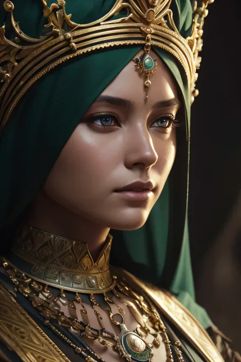 model shooting style, (Highly detailed CG Unity 8K wallpaper), full body photos of the world&#39;The most beautiful artwork, medieval queen, green veil, black skin, black woman, golden crown, diamond, Medieval architecture, Professional majestic oil painti...