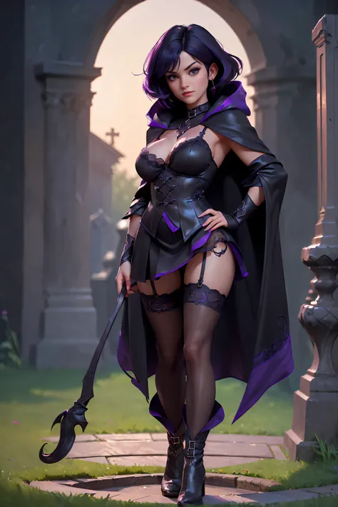 (Best Quality, (High resolution:1.2), Ultra-detailed, Realistic portrait, female necromancer, long black cloak, beautiful face, dark background, cemetery, depth of field, short black and purple hair, night time, (full body), mini skirt, black stockings, la...