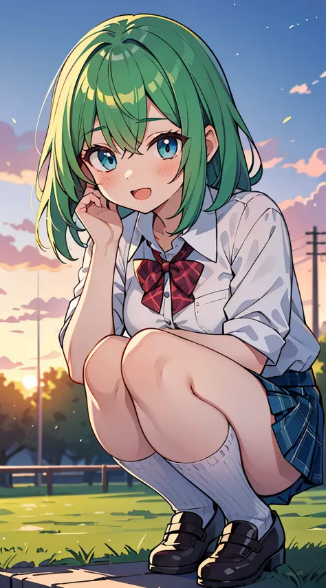 ((Pretty High School girl with green hair and blue eyes)), ((wearing white collar shirt and plaid skirt)), Baby face, ((master piece, top-quality, ultra-definition, high resolution)), anime girl, ((ultra-detailed illust:1.2)), only one person, bangs, hair ...