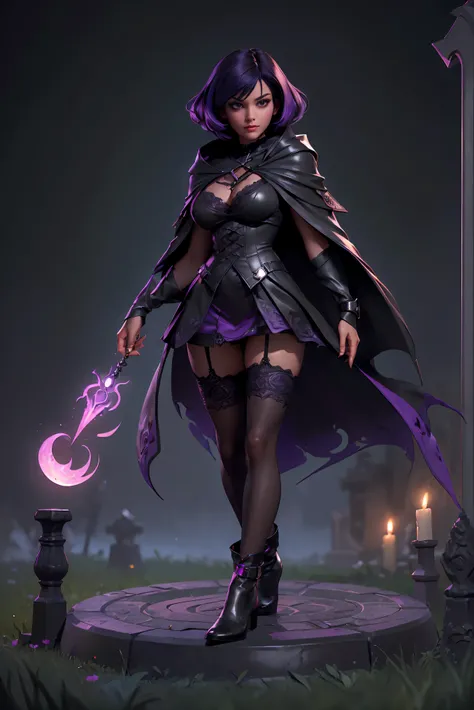 (Best Quality, (High resolution:1.2), Ultra-detailed, Realistic portrait, female necromancer, long black cloak, beautiful face, dark background, cemetery, depth of field, short black and purple hair, night time, (full body), mini skirt, black stockings, la...