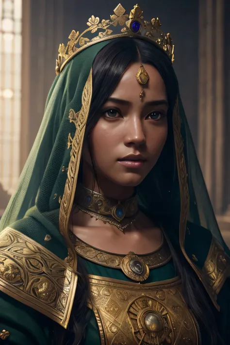 model shooting style, (Highly detailed CG Unity 8K wallpaper), full body photos of the world&#39;The most beautiful artwork, medieval queen, green veil, black skin, black woman, golden crown, diamond, Medieval architecture, Professional majestic oil painti...