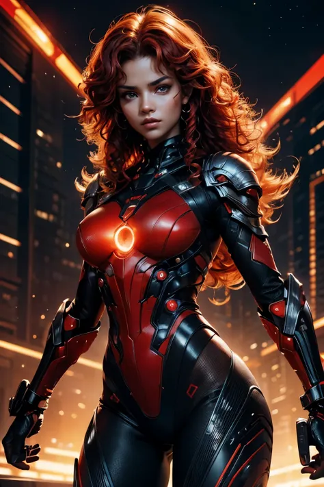 In the heart of a cutting-edge, technologically advanced battlefield, a powerful African girl warrior with slanted eyes assumes a commanding stance. Her sleek futuristic black and red armor, meticulously crafted with intricate designs, radiant shine and re...