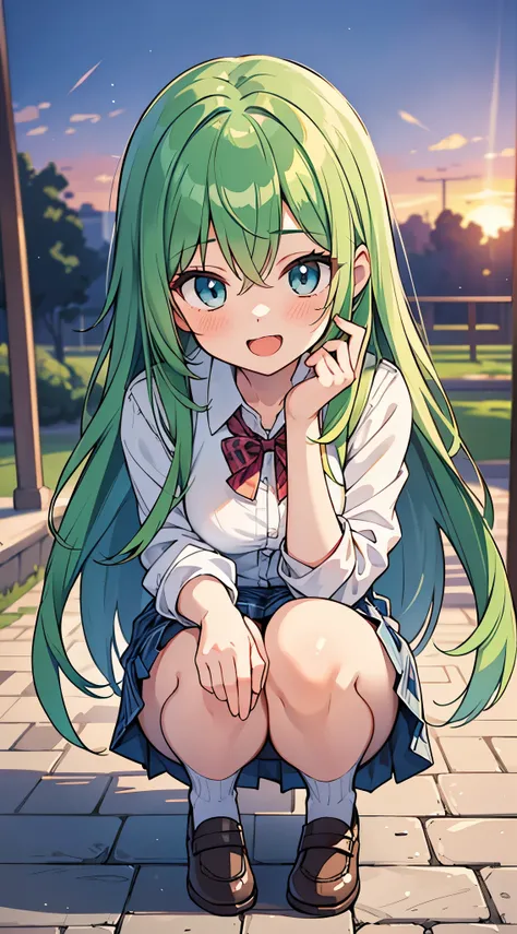 ((Pretty High School girl with green hair and blue eyes)), ((wearing white collar shirt and plaid skirt)), Baby face, ((master piece, top-quality, ultra-definition, high resolution)), anime girl, ((ultra-detailed illust:1.2)), only one person, bangs, hair ...