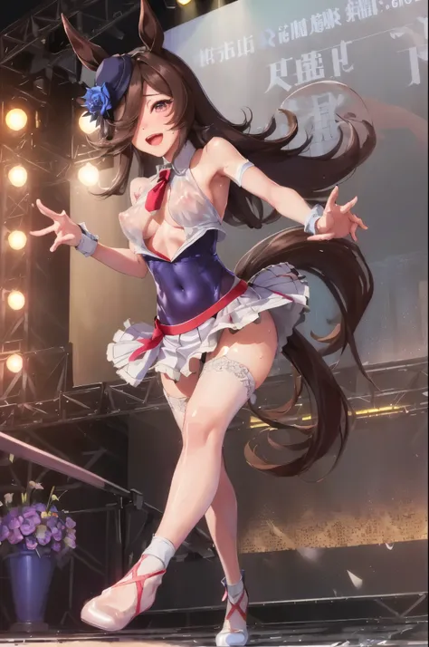 sexy dance show,(running:1.5),rice shower (umamusume),good anatomy, masterpiece, best quality,realistic, hyperrealistic, 16k hdr,happy Smile,(Live Stage),see through costume,Stage costumes,Horse tail,sing a song,ultra miniskirt,navel,micro panties,clearvag...