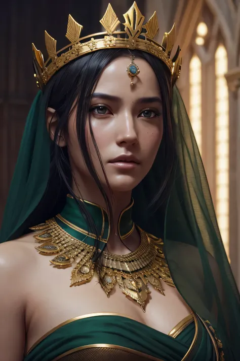 model shooting style, (Highly detailed CG Unity 8K wallpaper), full body photos of the world&#39;The most beautiful artwork, medieval queen, green veil, black skin, black woman, golden crown, diamond, Medieval architecture, Professional majestic oil painti...