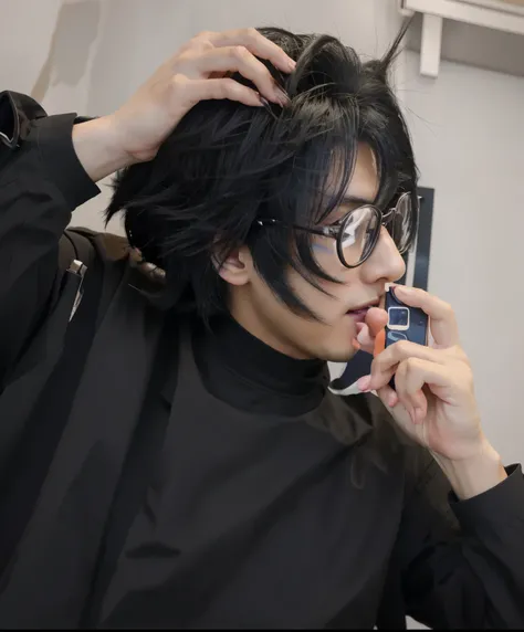 anime boy with black hair and glasses taking a selfie, in an anime style, anime vibes, anime aesthetic, artwork in the style of guweiz, in anime style, looking at his phone, with his long black hair, handsome guy in demon slayer art, style anime, anime sty...