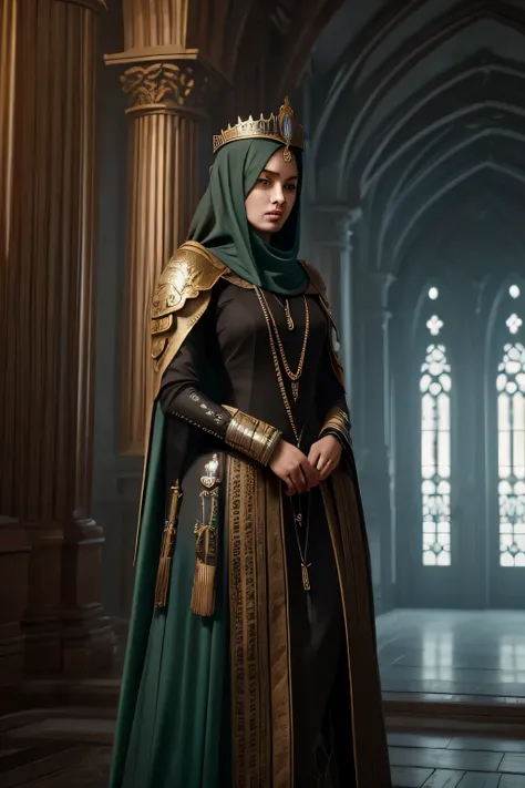 model shooting style, (Highly detailed CG Unity 8K wallpaper), full body photos of the world&#39;The most beautiful artwork, medieval queen, green veil, black skin, black woman, golden crown, diamond, Medieval architecture, Professional majestic oil painti...