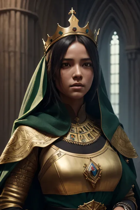 model shooting style, (Highly detailed CG Unity 8K wallpaper), full body photos of the world&#39;The most beautiful artwork, medieval queen, green veil, black skin, black woman, golden crown, diamond, Medieval architecture, Professional majestic oil painti...