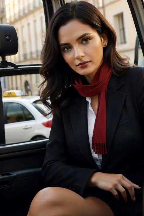 Woman in Marseille taxi, mid-age, wavy dark hair, red lipstick, looking directly at the viewer with intense gaze, wearing a chic black blazer and scarf, holding a map in her hand, taxi seat background, super realistic and detailed, high-definition image.