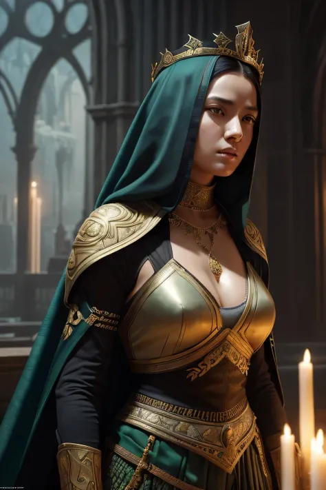 model shooting style, (Highly detailed CG Unity 8K wallpaper), full body photos of the world&#39;The most beautiful artwork, medieval queen, green veil, black skin, black woman, golden crown, diamond, Medieval architecture, Professional majestic oil painti...