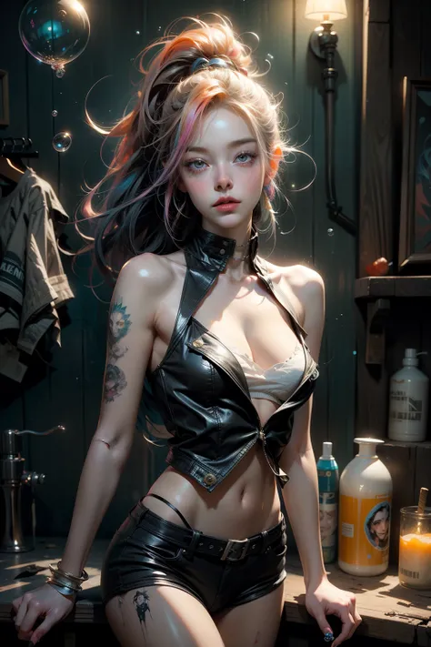 samdoesarts style drunken beautiful woman as delirium from sandman, (hallucinating colorful soap bubbles), by jeremy mann, by sandra chevrier, by dave mckean and richard avedon and maciej kuciara, punk rock, tank girl, high detailed, 8k