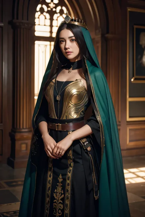 model shooting style, (Highly detailed CG Unity 8K wallpaper), full body photos of the world&#39;The most beautiful artwork, medieval queen, green veil, black skin, black woman, golden crown, diamond, Medieval architecture, Professional majestic oil painti...