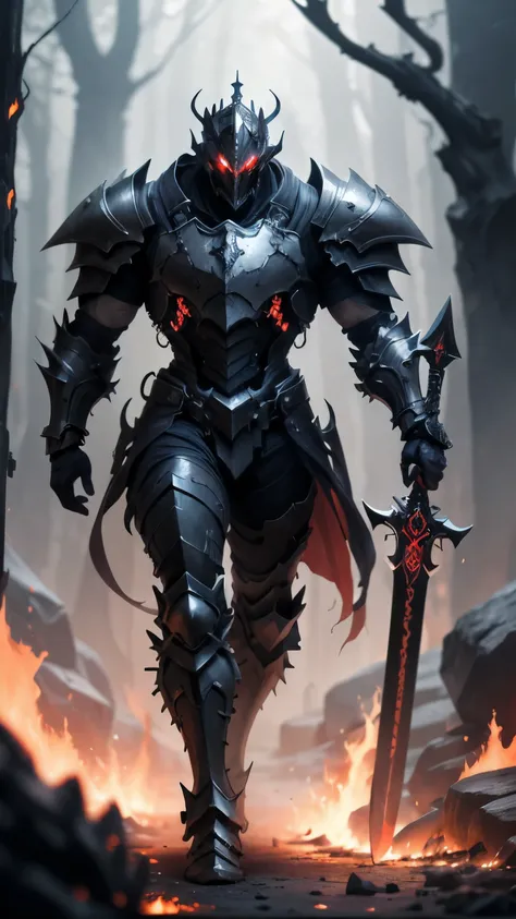 knight in full plated black deadric knight walking through lava, black light mixed with red,with black mist black greatsword wit...