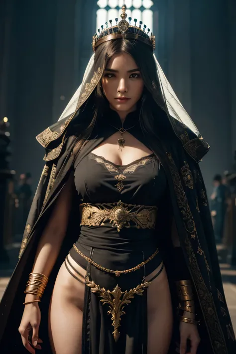 model shooting style, (Highly detailed CG Unity 8K wallpaper), full body photos of the world&#39;The most beautiful artwork, medieval queen, green veil, black skin, black woman, golden crown, diamond, Medieval architecture, Professional majestic oil painti...