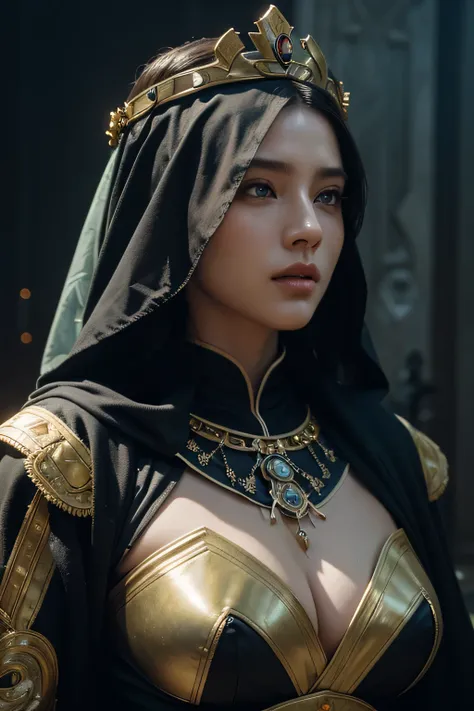 model shooting style, (Highly detailed CG Unity 8K wallpaper), full body photos of the world&#39;The most beautiful artwork, medieval queen, green veil, black skin, black woman, golden crown, diamond, Medieval architecture, Professional majestic oil painti...