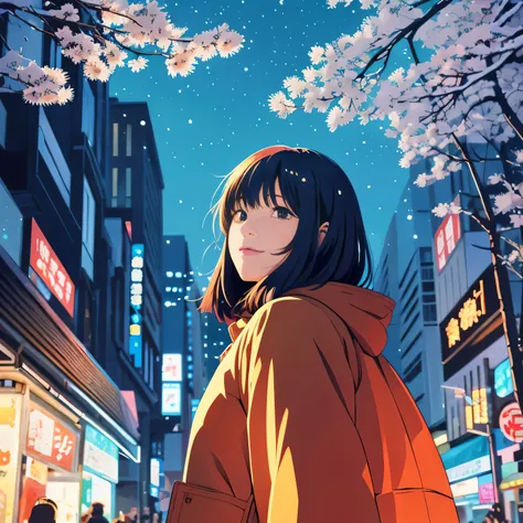 illustration style、昭和anime、anime、Woman facing this way、Shinkai Makoto style、The season is winter、tokyo at night、 (highest quality, Super detailed, Natural light)