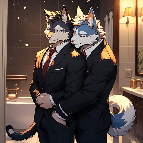 duo, kemono, (cat), anthro (cat), anthro, male, anthro male (husky), anthro (husky), tail, handsome, suit, bulge, bathroom, dept...