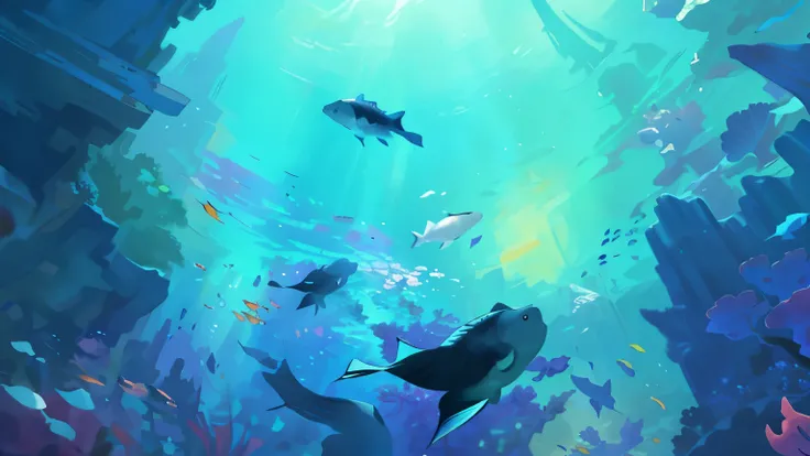 there is a painting，A school of fish swimming in the blue ocean, dreamlike digital painting, dim painting light aquatic, Bubble-filled underwater scenery, in style of digital painting, vibrant digital painting, colorful digital painting, soft digital paint...