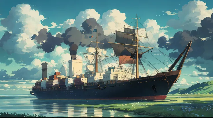 A modern steamship is docked in the nearby harbor, with wide grasslands, vast skies, beautiful skylines, dramatic graphics, moving visuals, high hanging North Star, colorful natural light.