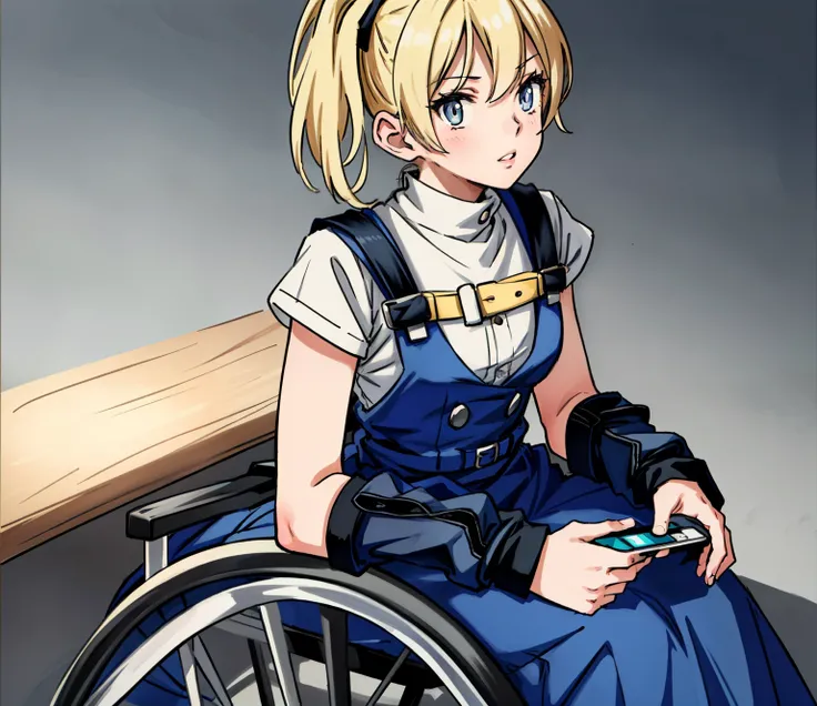 A girl sitting in a wheelchair holding a mobile phone, with detailed eyes and face, beautiful detailed lips, long eyelashes, and the eyes are the focus of attention. The artwork is created in an anime art style, specifically in the fanart style of Marin Ki...