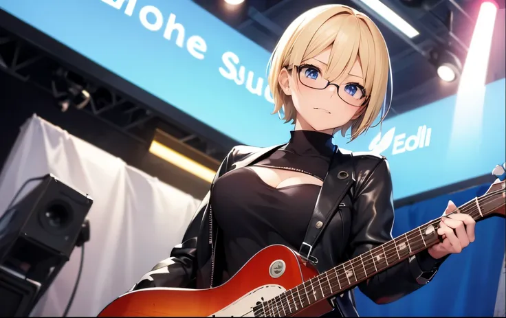 High resolution, 2D anime style,,blue eyes beautiful eyes,high and beautiful nose,thin face,blonde boyish short hair,Cool adult woman,Chest is slightly larger,she looks very happy,biting one&#39;s lips, she was very angry, she wears glasses,she narrows her...