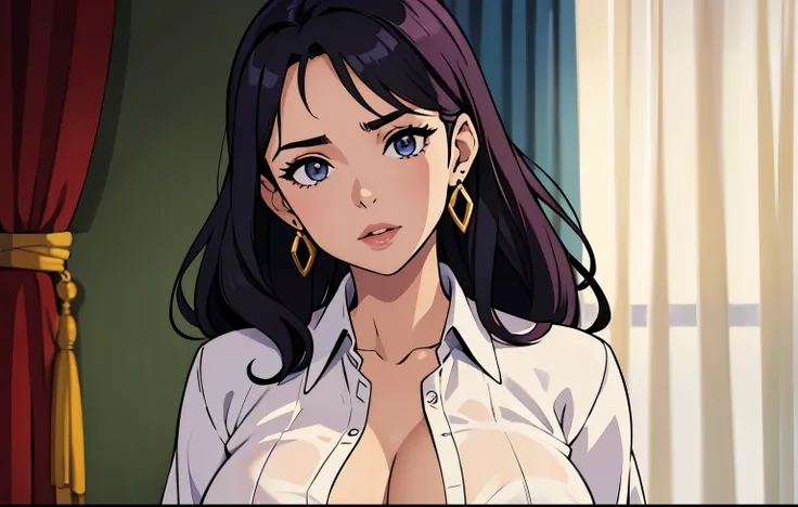 1girl, hair, breasts, cleavage, curtains, earrings, front-tie_top, jewelry, large_breasts, lips, looking_at_viewer, shirt, solo, tied_shirt, upper_body, shirt