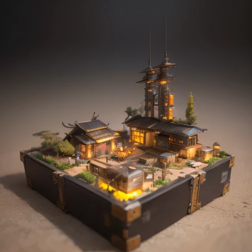 small realistic model, (bifurcation, original photo, best quality, masterpiece:1.4),Steampunk Cyberpunk City,(Cyberpunk light:1.3),on the Mars,horizon (related to land),(in a small nature box:1.3),Isometric, small nature, landscape on foundation,landscape,