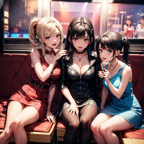 Three female girls sitting together at a karaoke bar 